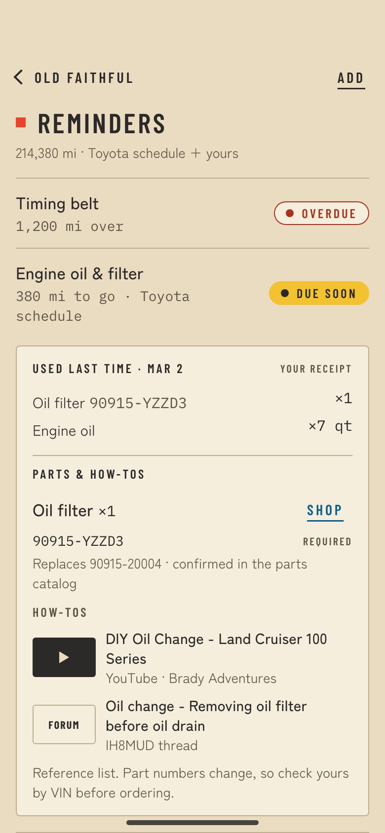 LCHQ app: a timing belt reminder with its parts and how-tos