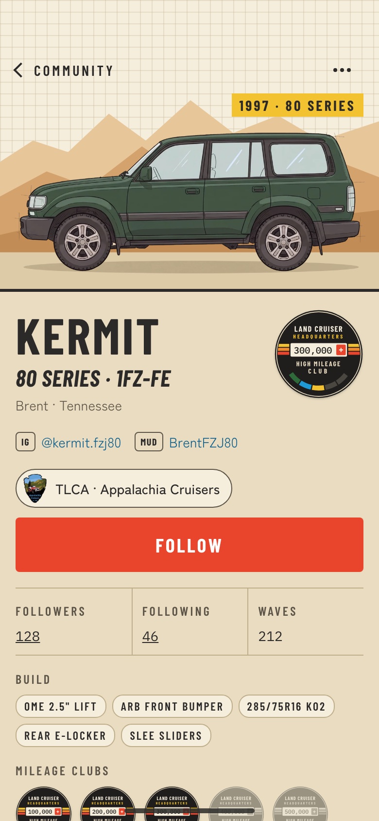 LCHQ app: a shared 80 Series profile with its mileage club patch and TLCA chapter